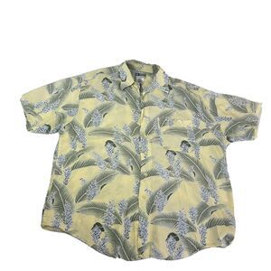 United Mens Hawaiian Button down Shirt Palm Tree L Yellow Green And Blue